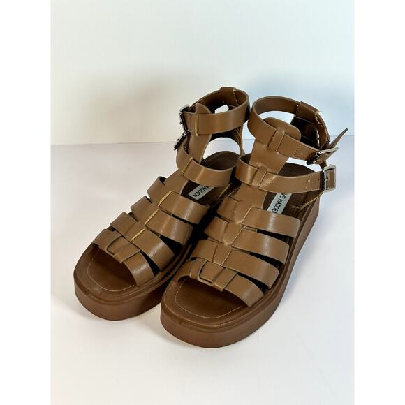 Steve Madden Buzzing Platform Sandals Women’s 7.5 Tan Ankle-Strap Open Toe - Picture 2 of 6